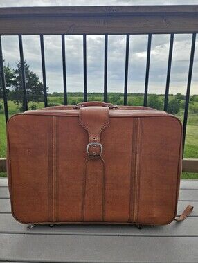Vintage Sears Brown Faux Leather Rolling Suitcase Luggage 29" x 22" x 8" Retro